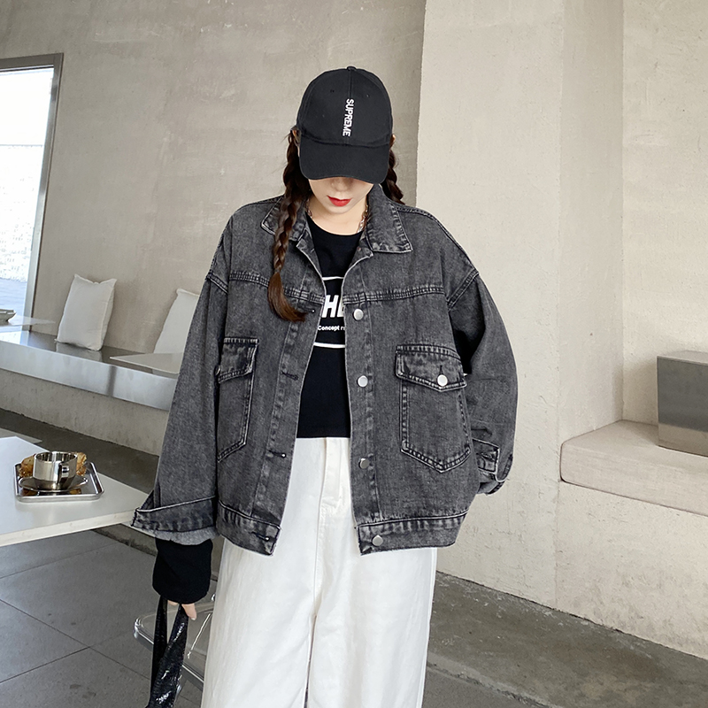 Actual photo smoke grey Denim Jacket Women's loose 2022 spring new retro Hong Kong style jacket denim