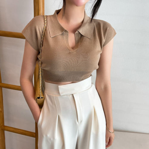 Korean chic summer simple Lapel slim casual versatile short belly button leakage T-shirt women