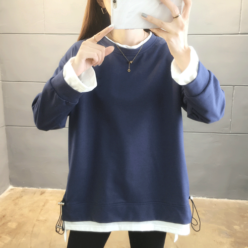 Actual shooting - spring Korean loose split medium and long fake two large women's clothes and thin women's sweater