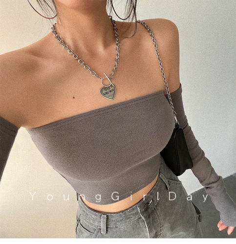One shoulder Strapless sexy European and American Spice Girls T-shirt women's wear early autumn short off shoulder tight inner Long Sleeve Jacket