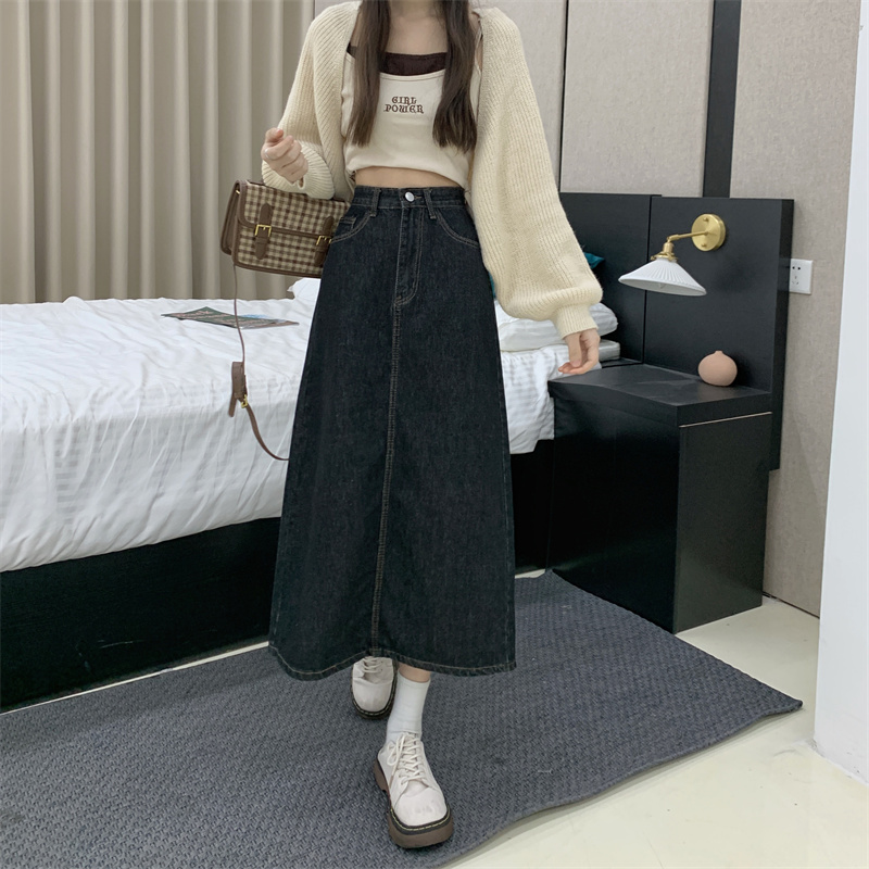 Split denim skirt new spring high waist slim wrap hip skirt word long skirt women's fashion