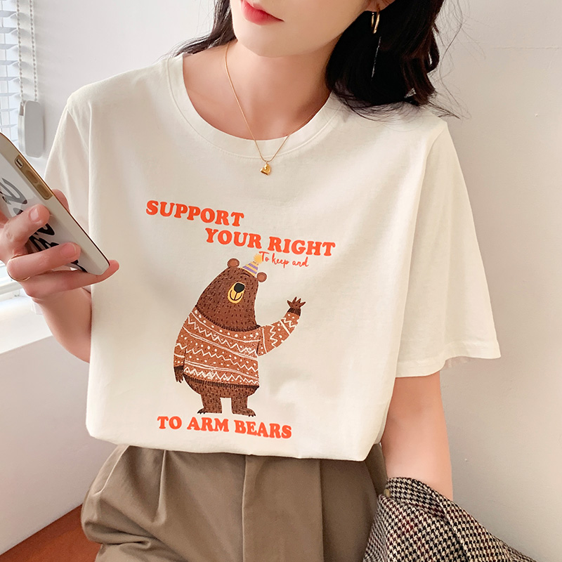 Real price spring and summer new pure cotton short sleeve shirt women's round neck loose foreign style bottomed shirt top fashion