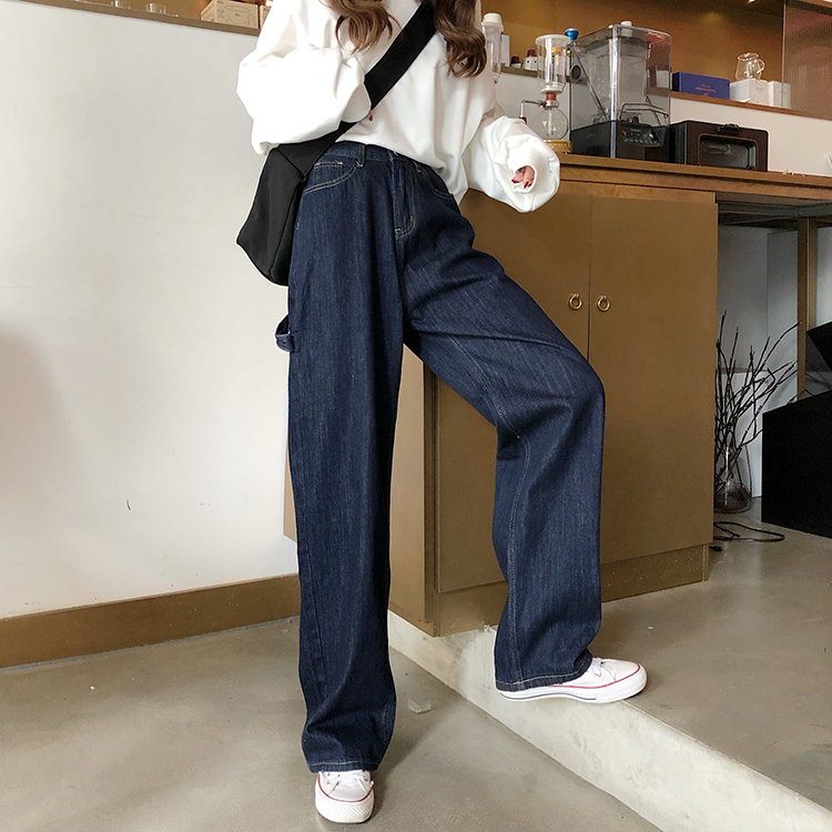 Real shot real price Korean high waist high mopping pants retro dark blue loose straight jeans