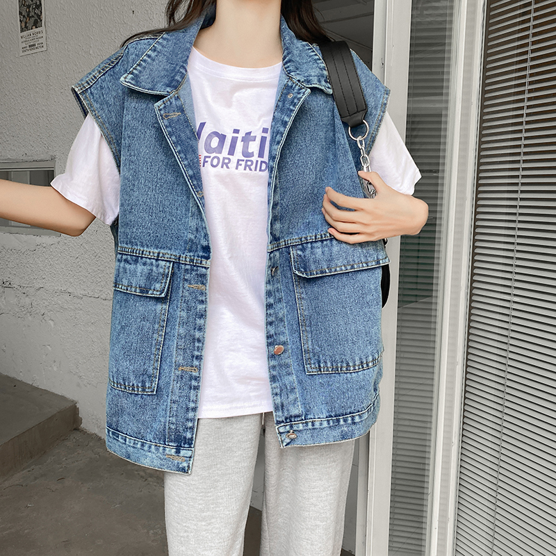 Actual shooting of spring new loose denim vest coat women's fashion versatile Camisole work jacket