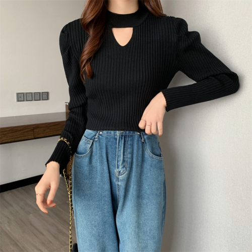 Real shooting and real price design sense hollow half high collar bubble sleeve sweater slim fitting long sleeve bottoming shirt