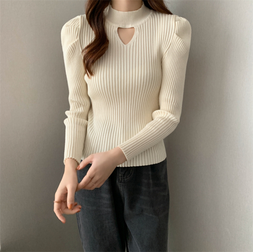 Real shooting and real price design sense hollow half high collar bubble sleeve sweater slim fitting long sleeve bottoming shirt