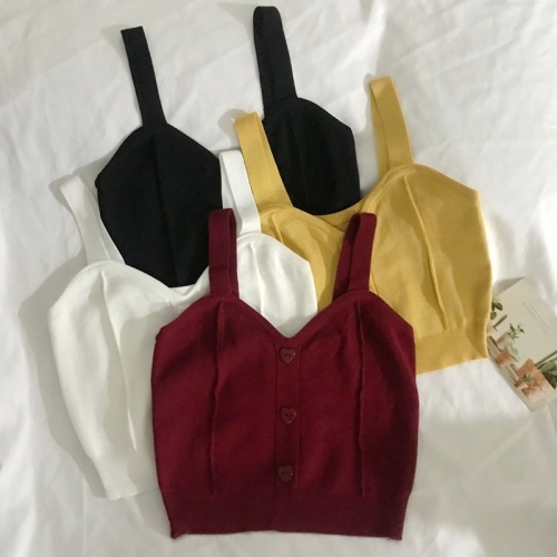 Sweet wind love button short navel exposed knitted vest women's slim fit in summer 2020 wearing suspender shirt outside