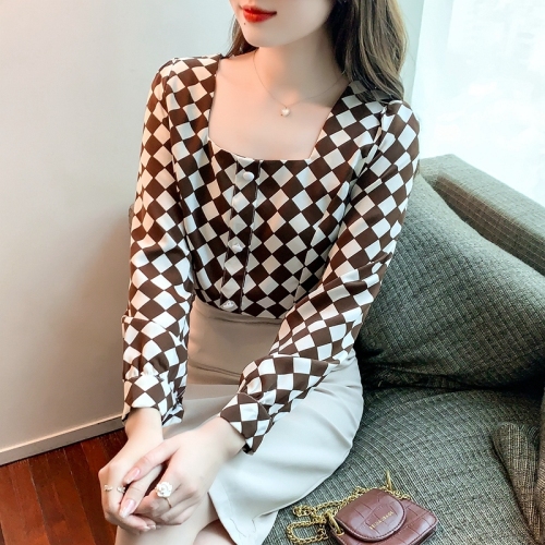 2022 spring French minority bubble sleeve square neck long sleeve Vintage Plaid short shirt women's top