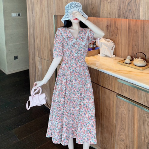 European and American big brand printed V-neck Floral Chiffon dress women's  summer new waist closing thin French dress