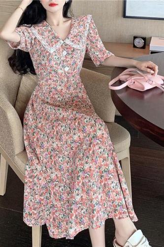 European and American big brand printed V-neck Floral Chiffon dress women's  summer new waist closing thin French dress