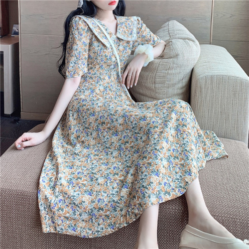 European and American big brand printed V-neck Floral Chiffon dress women's  summer new waist closing thin French dress