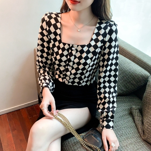 2022 spring French minority bubble sleeve square neck long sleeve Vintage Plaid short shirt women's top