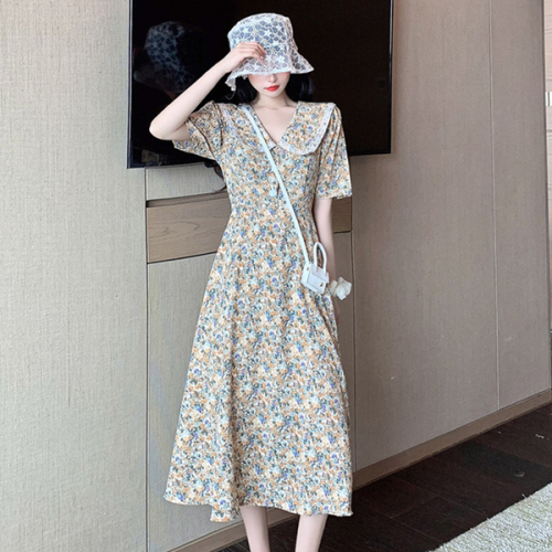 European and American big brand printed V-neck Floral Chiffon dress women's  summer new waist closing thin French dress