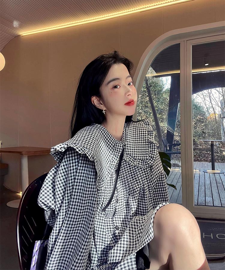 Real price early spring Korean sweet big Lapel wrinkled doll Plaid Dress