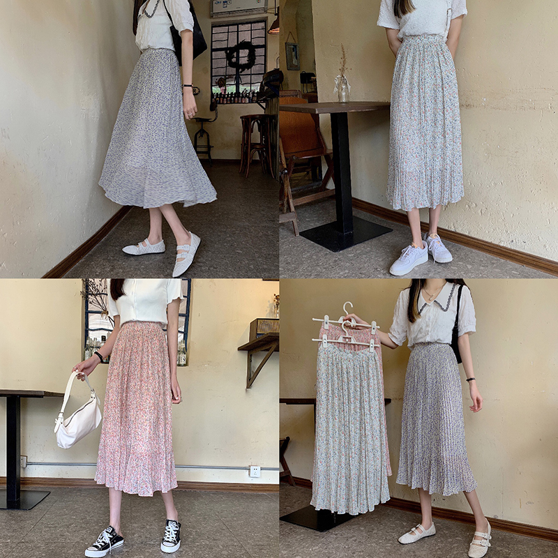 Real price spring new sweet broken flower pleated skirt women's Korean high waist medium length A-shaped skirt