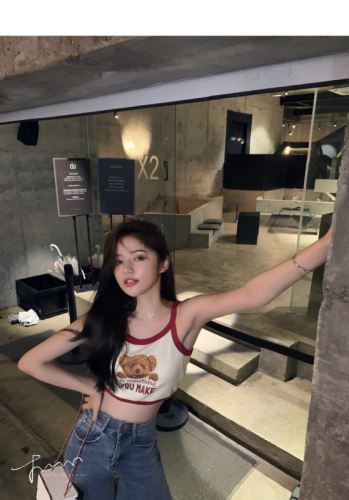 Lin Shanshan summer bear series narrow shoulder printed vest, embroidered sweater, women's bottomed top, small suspender