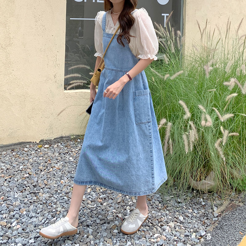 Real price retro aging blue denim suspender skirt simple and versatile Korean slim dress