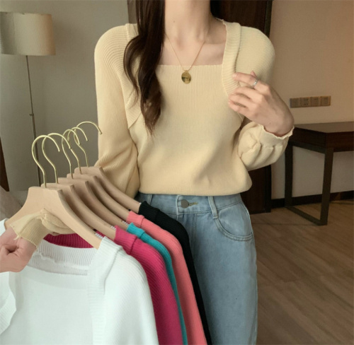 Real shooting and real price Korean version new style square neck bubble sleeve with knitted bottomed shirt women's top