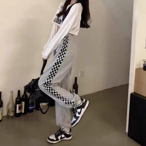 New checkerboard Leggings sportswear women's spring and autumn thin guard pants straight tube wide leg style loose fashion