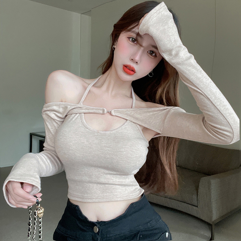 Real shot real price Jin Zhiya same style one-line shoulder hanging neck Spice Girl two-piece jacket