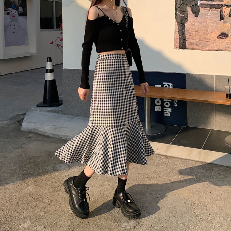 Real price ~ 2022 spring new Korean plaid skirt, fishtail skirt, women's skirt
