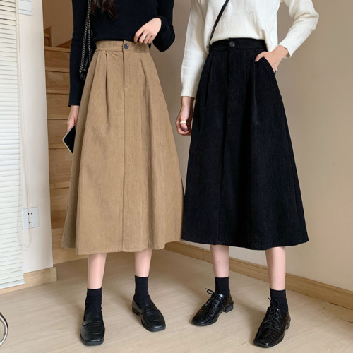 Real price ~ Spring 2022 Korean corduroy high waist thin medium long A-line skirt casual skirt women