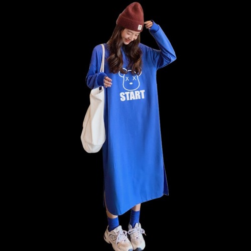 Real shooting fish scale spring and autumn thin round neck long sleeve loose long skirt dress fashion
