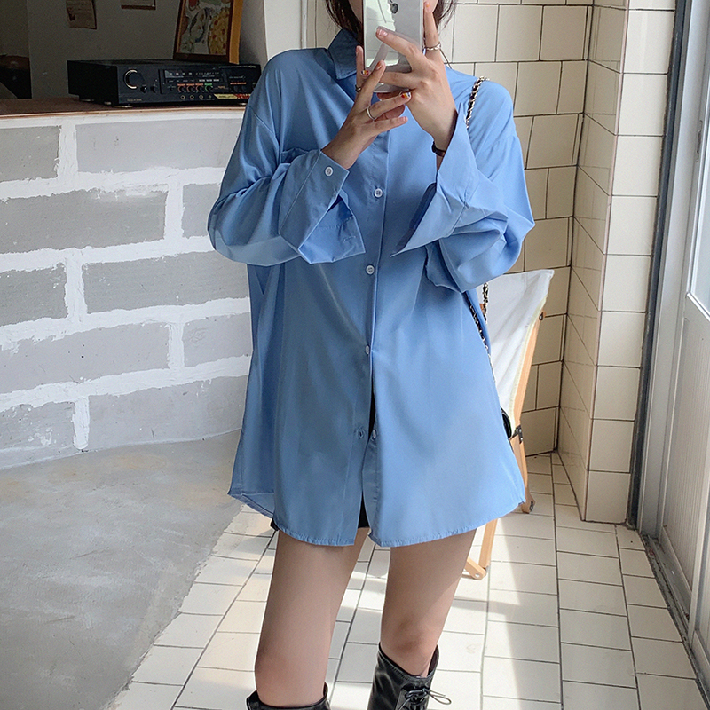Real price spring new wear loose long sleeved blue shirt coat new top women's white shirt