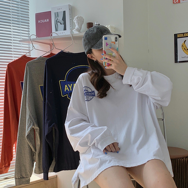 Cotton hand worn 2022 loose large medium and long sleeve T-shirt women's split fork