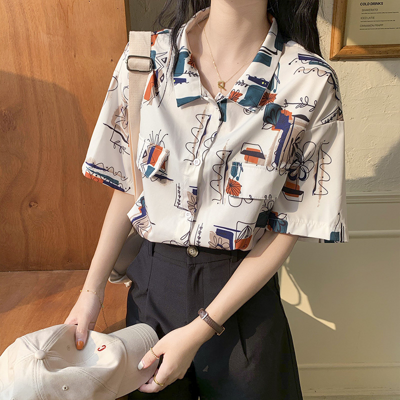 Real shooting Korean new shirt summer printing heart machine top BF trendy cool retro V-neck chic shirt