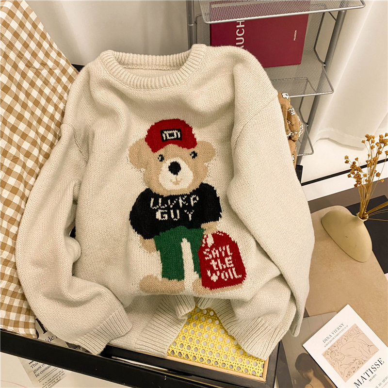 Real price gray round neck Pullover bear sweater women's thickened retro Japanese lazy top