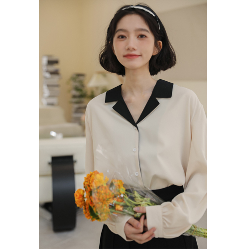 Actual shooting of  spring new Hong Kong style shirt women's design sense suit collar minority coat Long Sleeve Chiffon shirt