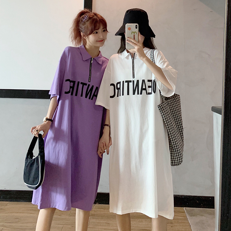 Real shot 2022 new loose Polo zipper dress short sleeve T-shirt women