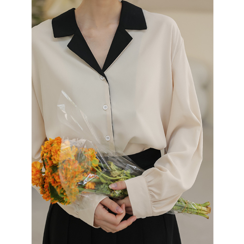 Actual shooting of  spring new Hong Kong style shirt women's design sense suit collar minority coat Long Sleeve Chiffon shirt
