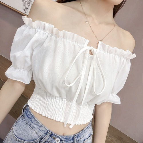 Spring new women's sexy off shoulder straight neck lace up short chiffon shirt women's versatile foreign style top fashion
