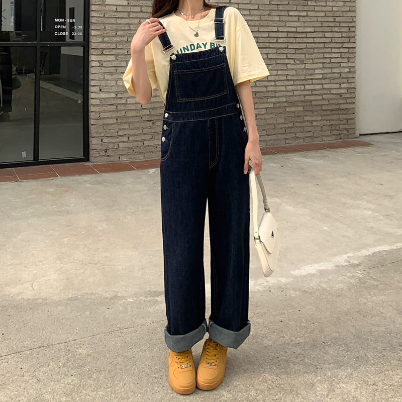 Real price: Spring 2022 New Retro Korean leisure college slim denim suspenders straight pants
