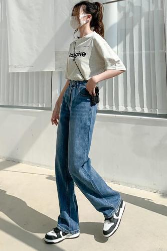 Real shooting new high straight tube wide leg jeans women's spring and summer fashion pocket chic design drag jeans