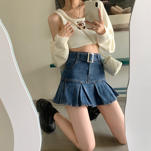 Real shooting and real price in the spring of 2022, a new Japanese fashionable girl, a small number of washed cute pleated belt denim skirt