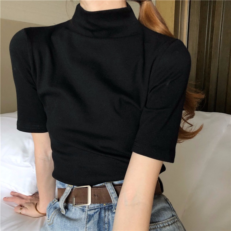 Real price spring and summer pure cotton semi high neck slim fitting bottomed Shirt Short Sleeve Shirt women