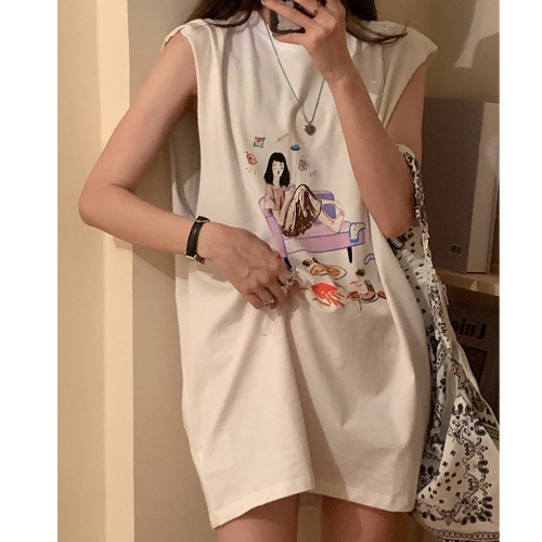 Sleeveless T-shirt women's new summer wear Korean loose print Vest Medium and long student top