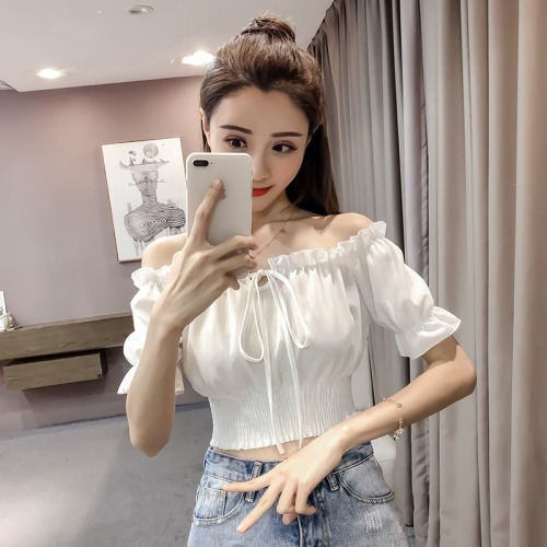 Spring new women's sexy off shoulder straight neck lace up short chiffon shirt women's versatile foreign style top fashion