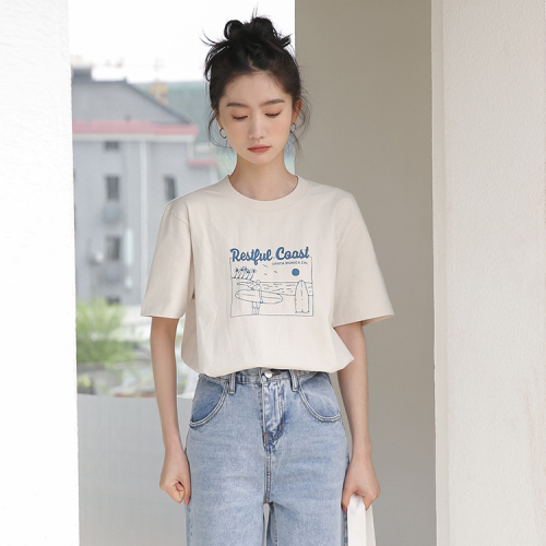Hong Kong Style printed short sleeve T-shirt pure cotton loose round neck top student summer half sleeve T-shirt