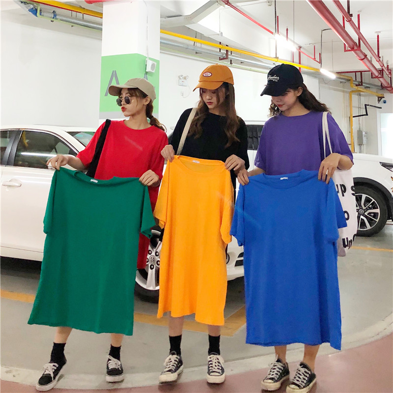 Real shooting active pull frame cotton loose medium and long short sleeve solid color T-shirt student dress summer