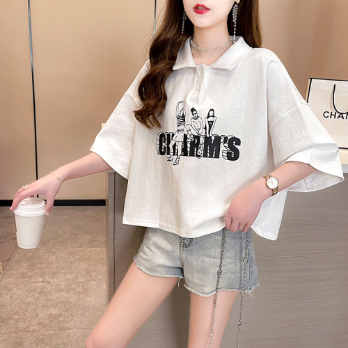 Real shooting of summer clothes ~ New Korean loose large women's clothes fat mmpolo collar cartoon short sleeve T-shirt pure cotton