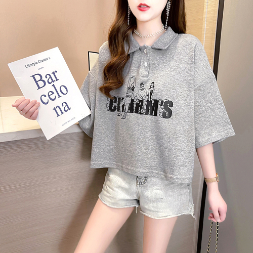 Real shooting of summer clothes ~ New Korean loose large women's clothes fat mmpolo collar cartoon short sleeve T-shirt pure cotton