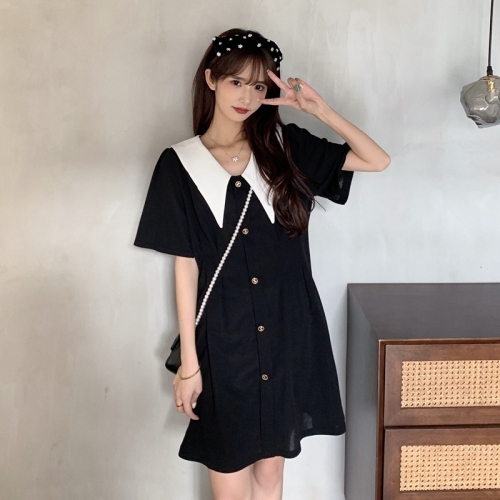 Actual shooting of new summer large doll neck black skirt with waist closed short sleeve dress m-4xl200 kg