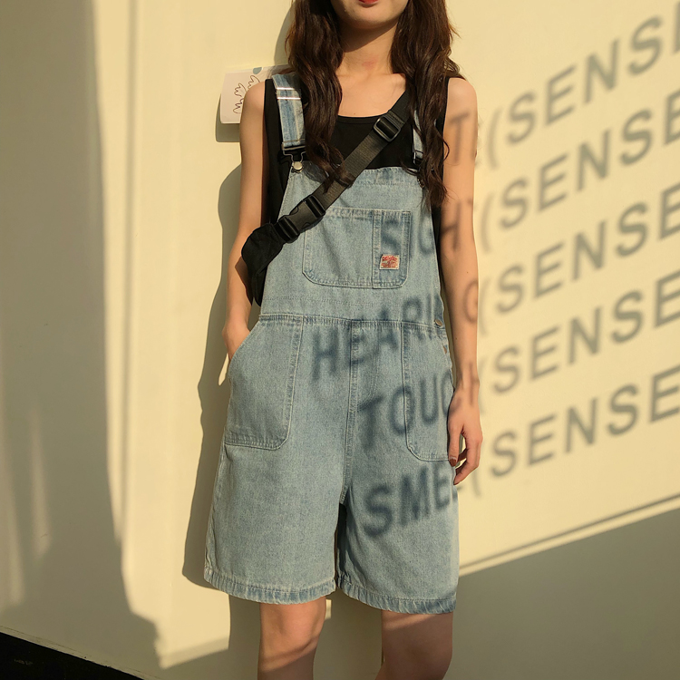 Real shot real price retro Korean cowboy suspender shorts versatile age reducing blue loose straight leg pants