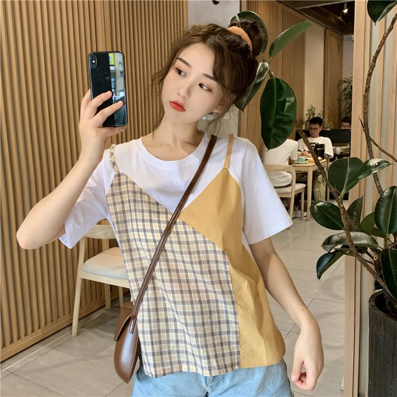 Real shot 100% cotton summer 2022 new fake two piece Plaid short sleeve T-shirt women's design color contrast