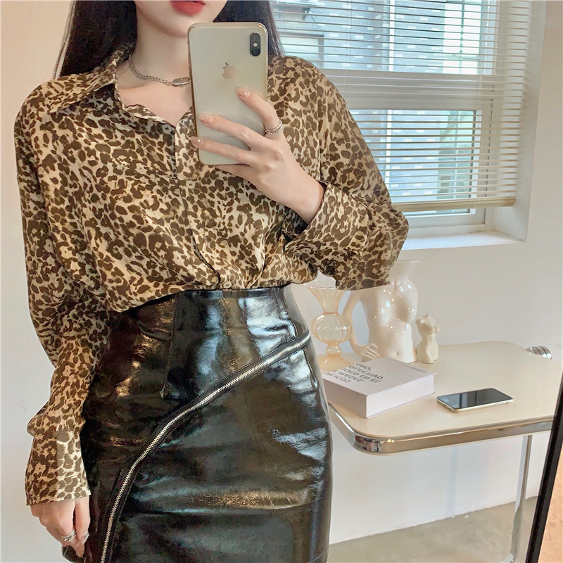 Real price retro fashion Leopard Print Shirt loose Lapel long sleeve shirt women's shirt
