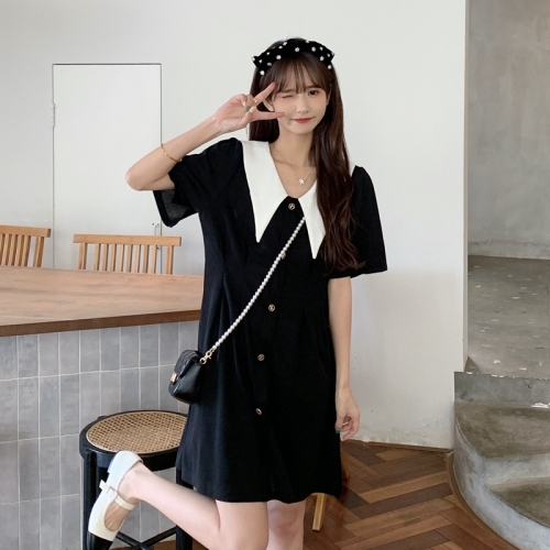 Actual shooting of new summer large doll neck black skirt with waist closed short sleeve dress m-4xl200 kg